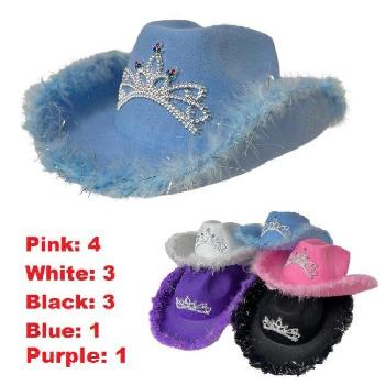 Ladies Felt Cowboy Hat with Tiara and Feather Edge-Asst Colors