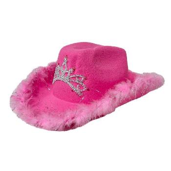 Ladies Felt Cowboy Hat with Tiara and Feather Edge-PINK ONLY