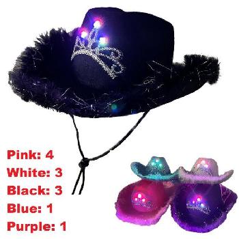 Light-Up Felt Cowboy Hat with Tiara and Feather Edge-Asst Colors