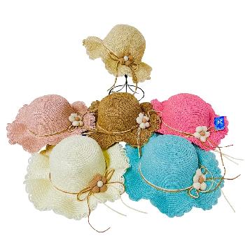 Girl's Woven Hat with Scalloped Edge & Puffy Flower