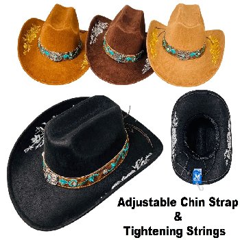 Brushed Faux Suede Cowboy Hat with Turquoise Hat Band [Metallic Rose Accent]