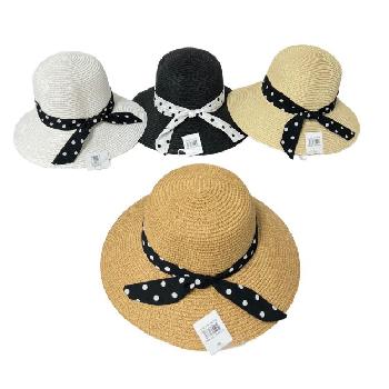 Ladies Woven Fashion Hat [Black & White Polka Dot Bow]