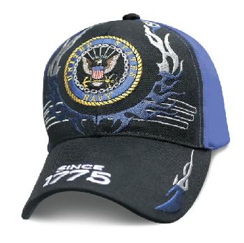 Licensed Black/Blue US Navy Hat w Flames (Since 1775)