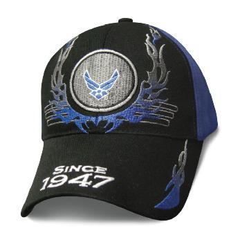 Licensed Black/Blue US Air Force Logo Hat w Flames (Since 1947)