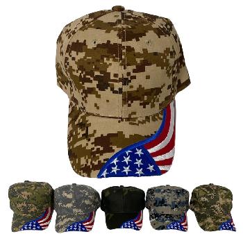 Solid Camo Hat with Embroidered Wavy Flag Bill
