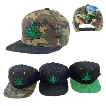 Snap Back Flat Bill Hat [Embroidered Leaf] Black Camo Green 