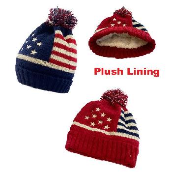 Plush-Lined Knit Hat with PomPom [Americana]