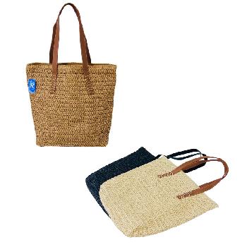 Straw Crocheted Market Tote [Leather-Like Straps] 16"x14"