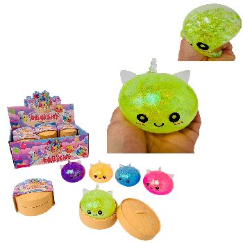 Dumpling Water Bead Squish Bun with Steamer Toy (Unicorn/Smiling Faces] Glitter