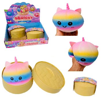 Jumbo Dumpling Squishy Bun with Steamer Toy [Smiling Face Unicorn/Tie Dye]