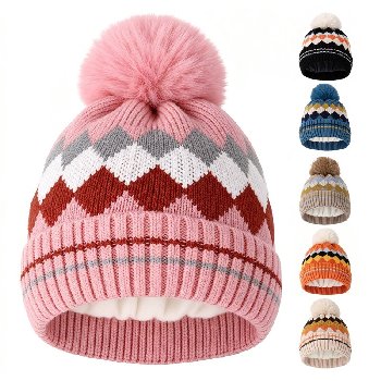 Youth Knitted Cuffed Hat with Super-Soft Lining & PomPom [Argyle Print]