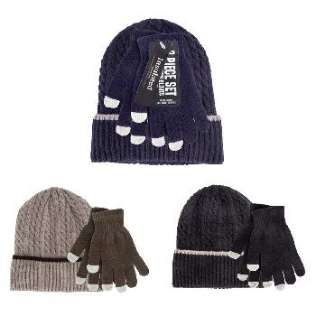 2pc Men's Winter Knit Hat with Touch Screen Gloves