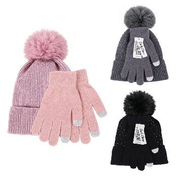2pc Women's Winter Rhinestone Knit Hat with Touch Screen Gloves