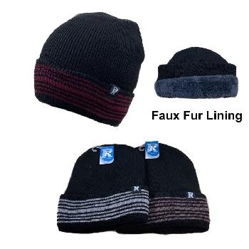Plush-Lined Knit Toboggan [Solid Top/Striped Fold]