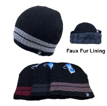 Plush-Lined Knit Beanie [Solid Color with Stripes]