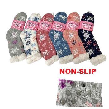 Plush-Lined Non Slip Sherpa Socks [Snowflakes/Hearts] 9-11