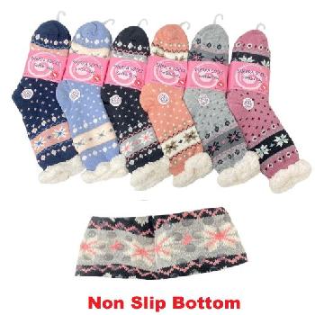 Plush-Lined Non Slip Sherpa Socks [Snowflakes] 9-11