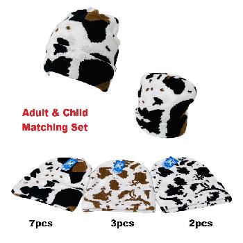 Adult/Child Set: Knitted Cuffed Hat-Cow Print [WN82921-WN82914]