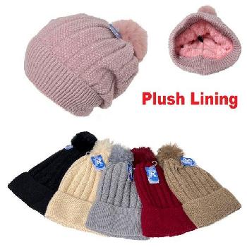 Ladies Plush-Lined Knit Slouch Hat with PomPom