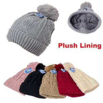 Ladies Plush-Lined Cable Knit Hat with PomPom [Solid]