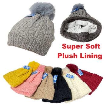 Ladies Super Soft Plush-Lined Knit Hat with PomPom [Solid]