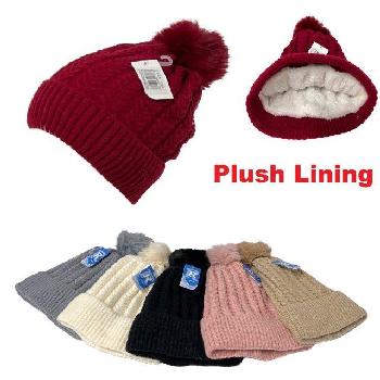 Ladies Plush-Lined Braided Knit Hat with PomPom [Solid]