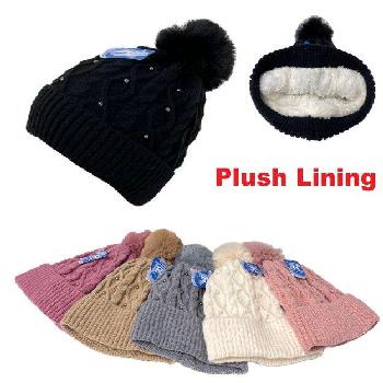 Ladies Plush-Lined Knit Hat with PomPom [Solid] *Pearls