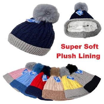 Child's Plush-Lined Cable Knit Hat [PomPom] Two-Tone