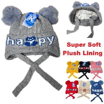 Child's Plush-Lined Ear Flap Knit Hat with PomPoms [HAPPY]