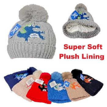 Child's Super Soft Plush-Lined Knit Hat [PomPom] Dinosaur