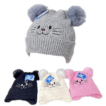 Child's Super Soft Plush-Lined Knit Hat [PomPoms] Kitty