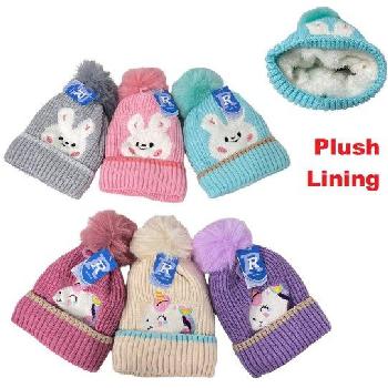 Child's Plush-Lined Knit Hat with PomPom [Bunny/Unicorn]