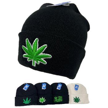 Knitted Cuffed Hat [Embroidered Marijuana] *Black/White Hats
