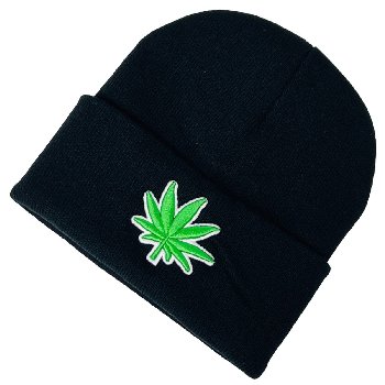 Knitted Cuffed Hat [Embroidered Marijuana] [Black Hat with Leaf Only]