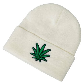 Knitted Cuffed Hat [Embroidered Marijuana] [White with Leaf Only]