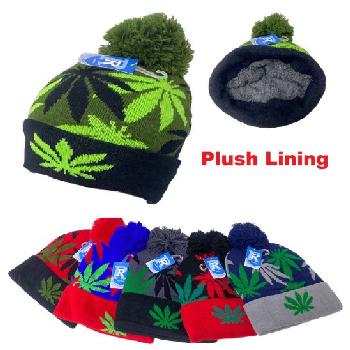 Knitted PomPom Hat [Marijuana Leaves]