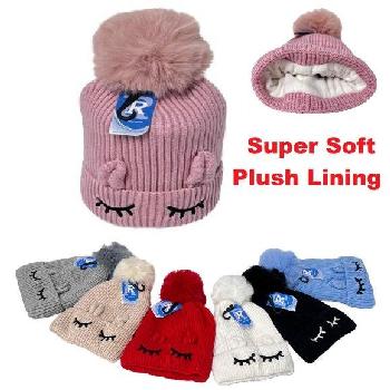 Child's Super Soft Plush-Lined Knit Hat [PomPom] Sleepy Eyes