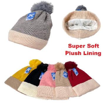 Ladies Super Soft Plush-Lined Knit Hat w PomPom [Two Tone]