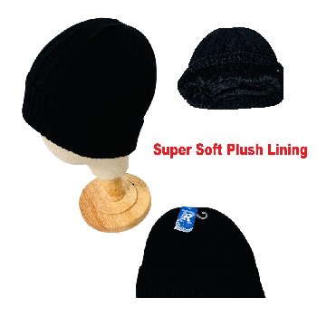 Knitted Cuffed Hat with Super Soft Plush-Lining [Ribbed] BLACK ONLY