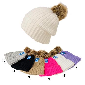 Ladies Super Soft Knitted Hat with Faux Fur Pompom