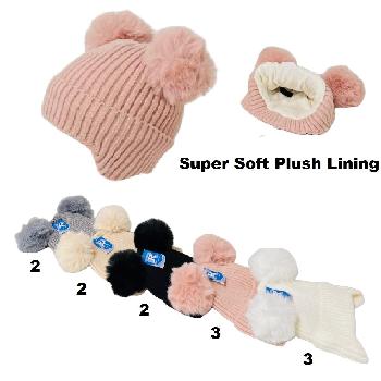 Child's Knitted Plush-Lined Pompom Hat with Ear Cover