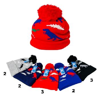 Child's Knitted Cuffed Winter Pompom Hat [Dinosaurs]