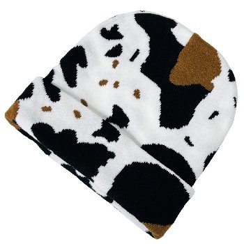 Cow-Print Knitted Cuffed Hat [Adult Size][Black and Brown Only]