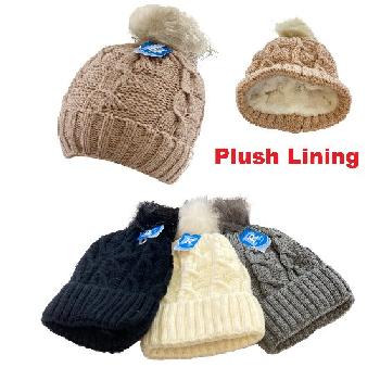 Plush-Lined Ladies Knitted Hat with Fur PomPom [Cable Knit]