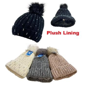 Plush-Lined Ladies Knitted Hat with Fur PomPom [Rhinestones]