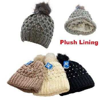 Plush-Lined Ladies Knit Hat w PomPom[Lattice Weave & Rhinestones]