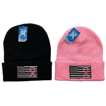 Embroidered Knitted Cuff Hat [Flag with Pink Ribbon]